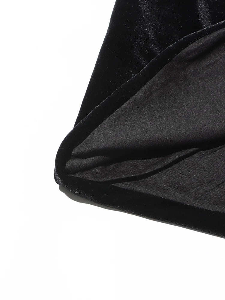 One-Shoulder Black Velvet & Satin Formal Evening Ankle Length Midaxi Gown