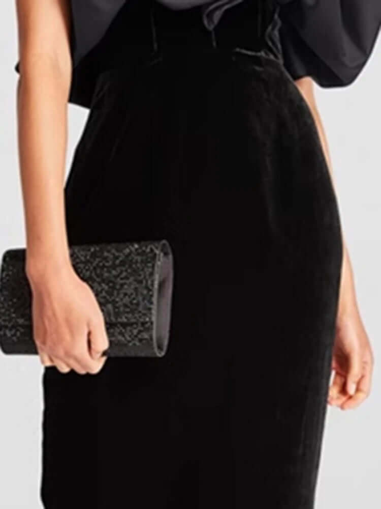 One-Shoulder Black Velvet & Satin Formal Evening Ankle Length Midaxi Gown