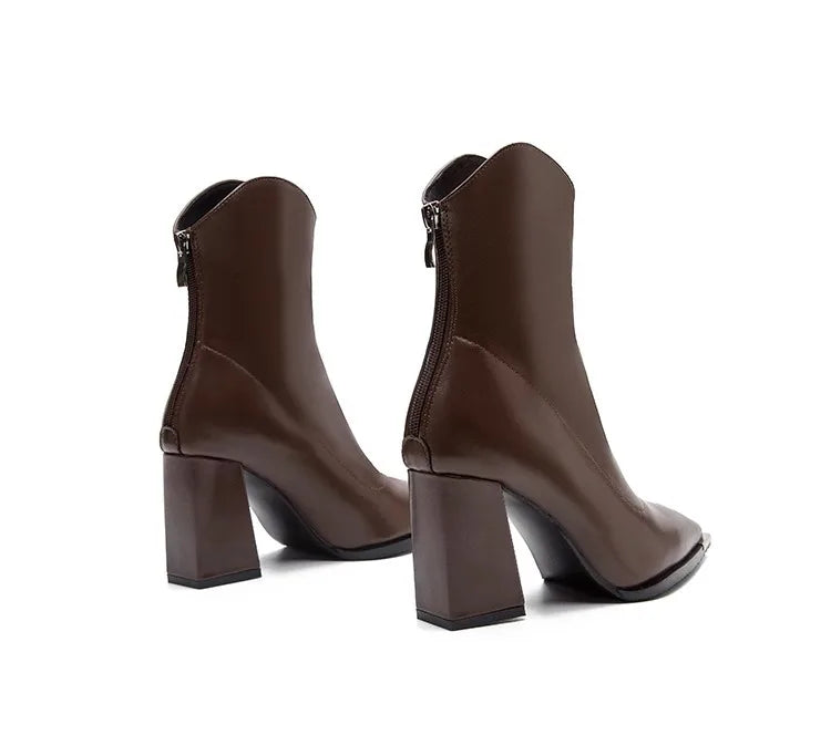 Pointed Toe Medium Block Heel Ankle Boots with Back Zipper