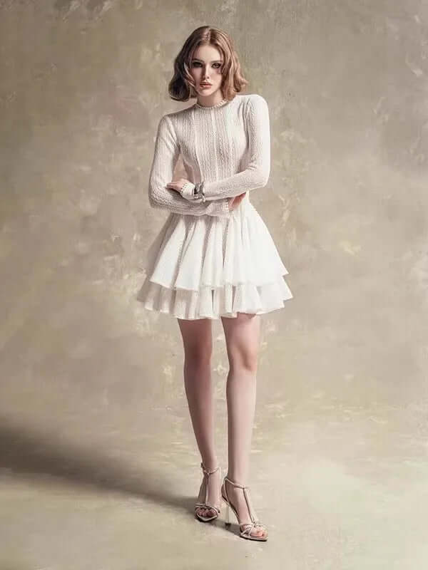 Round Neck Long Sleeve Mini Dress with Lace Trim & Full Skirt - White