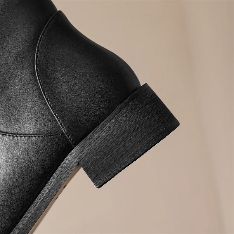 Knee High Leather Flat Equestrian Riding Boots Round Toe Side Buckle - Black