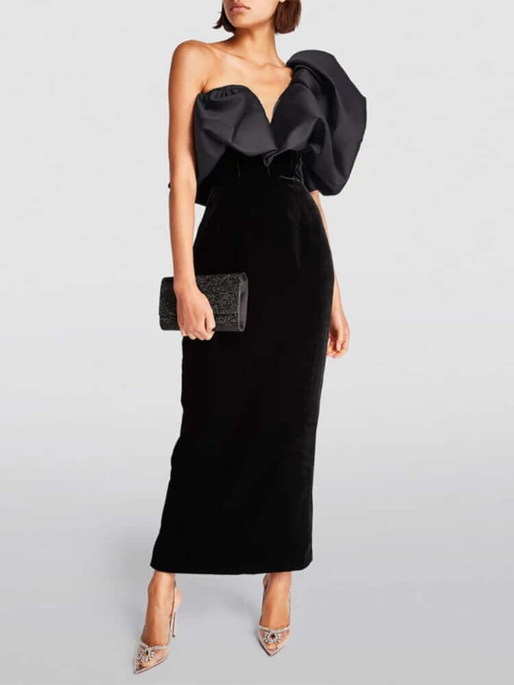 One-Shoulder Black Velvet & Satin Formal Evening Ankle Length Midaxi Gown