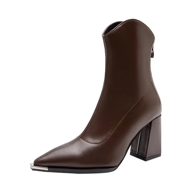 Pointed Toe Medium Block Heel Ankle Boots with Back Zipper