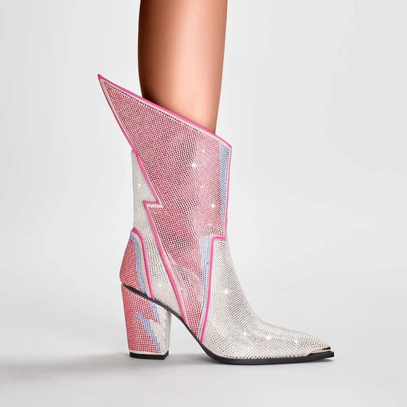 Lightning Bolt Crystal Ankle Boots in Pink & Silver | Glam Rock Statement Heels