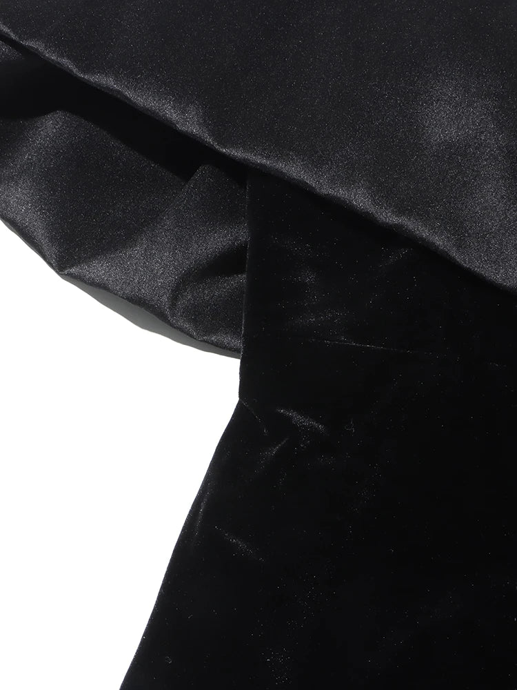 One-Shoulder Black Velvet & Satin Formal Evening Ankle Length Midaxi Gown