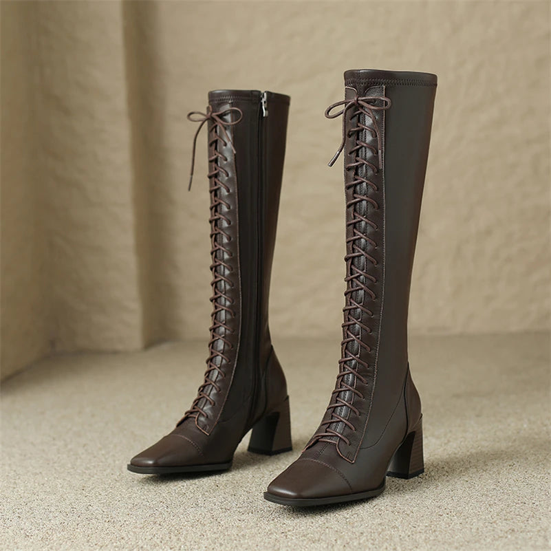 Square Toe Block Heel Knee High Leather Laceup Boots - Coffee Brown