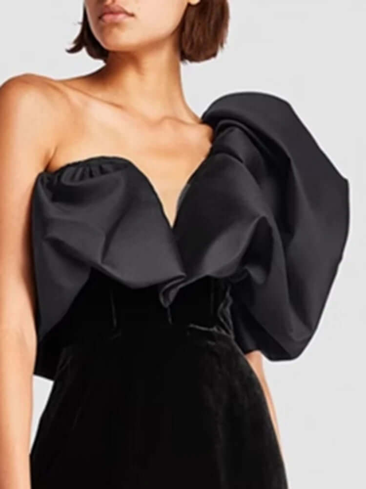 One-Shoulder Black Velvet & Satin Formal Evening Ankle Length Midaxi Gown