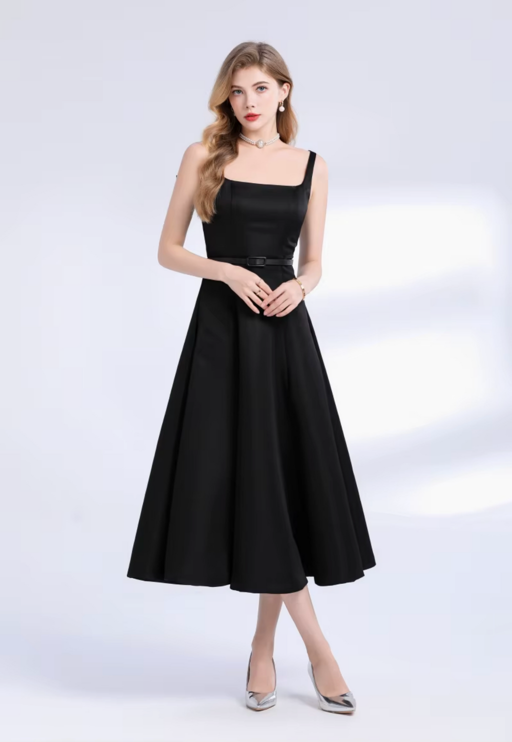 Elegant Red Matte Satin A-Line Midi Dress with Belt