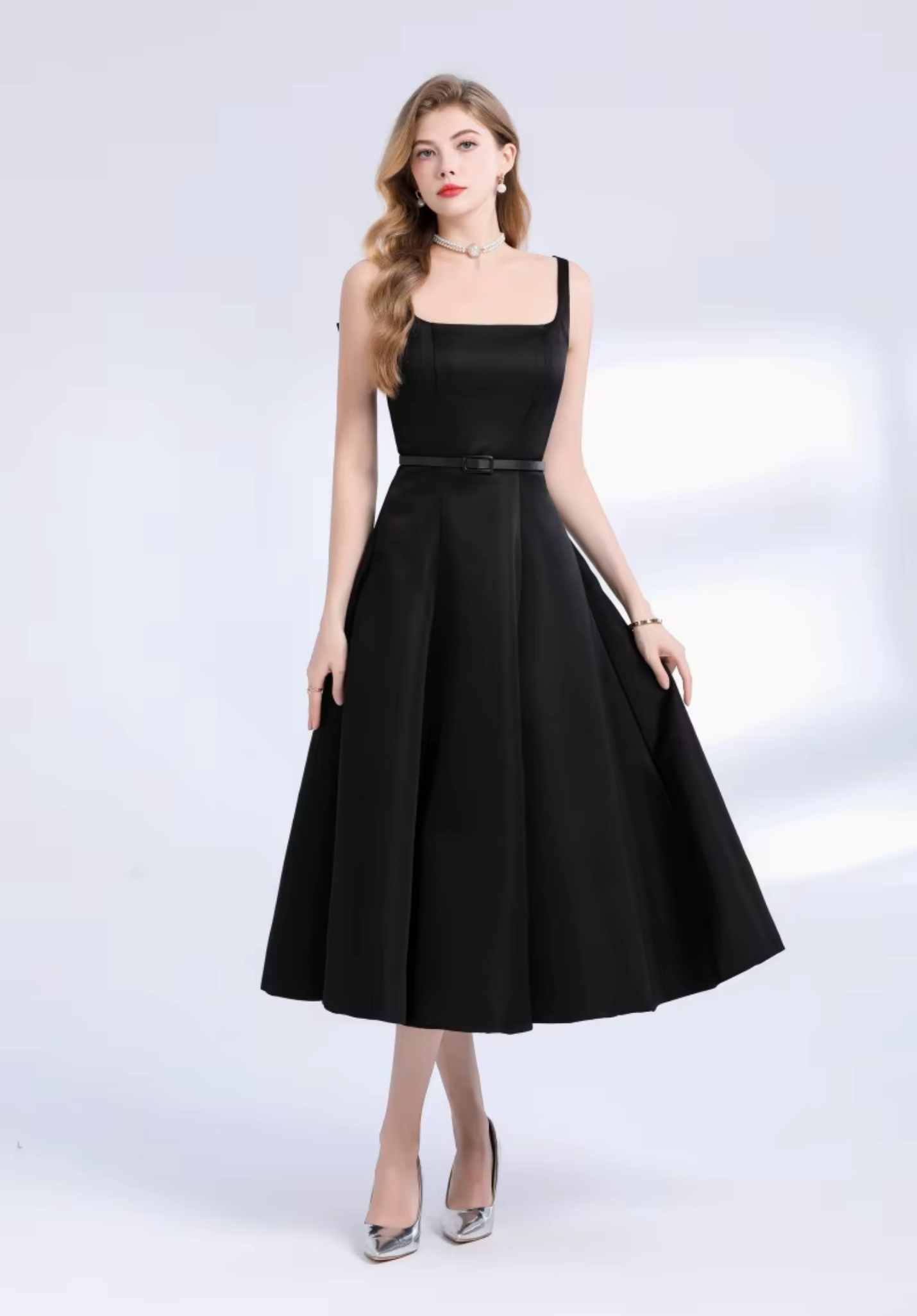 Elegant Red Matte Satin A-Line Midi Dress with Belt