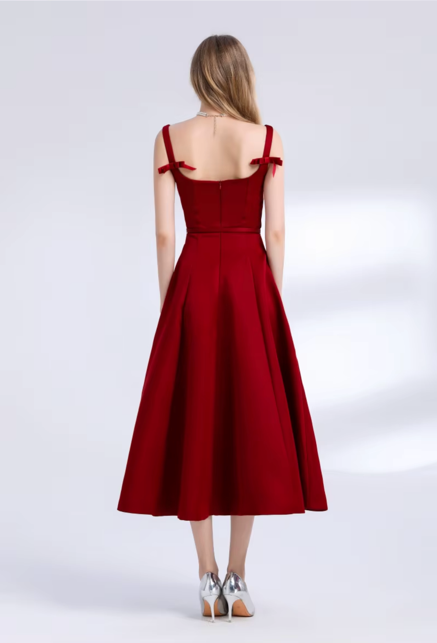 Elegant Red Matte Satin A-Line Midi Dress with Belt