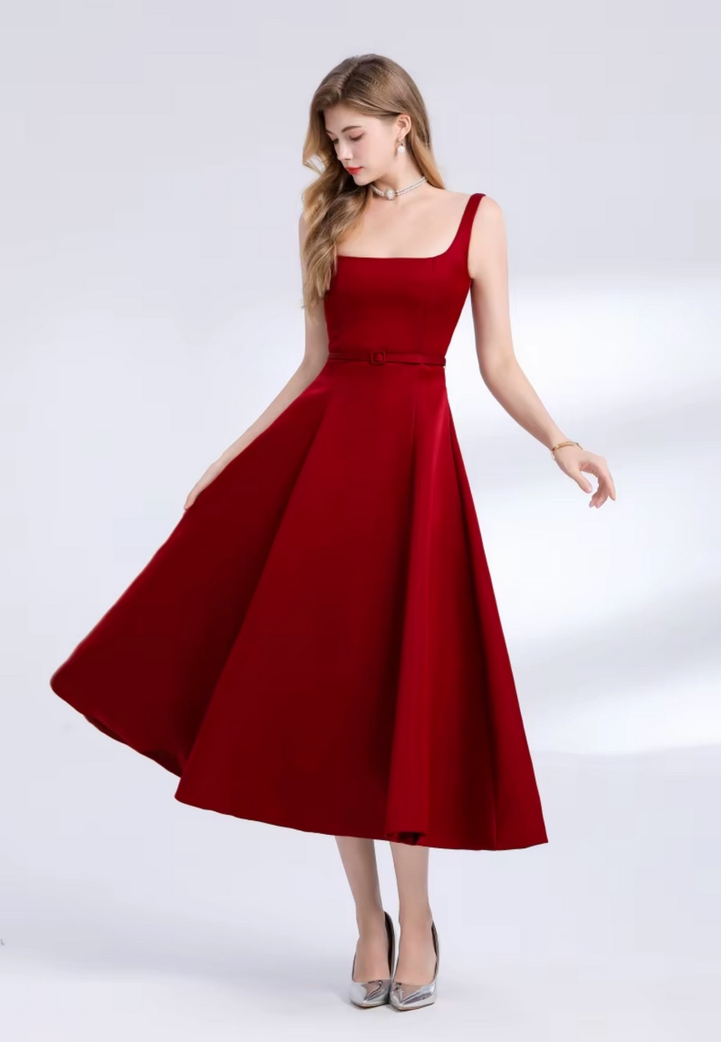 Elegant Red Matte Satin A-Line Midi Dress with Belt