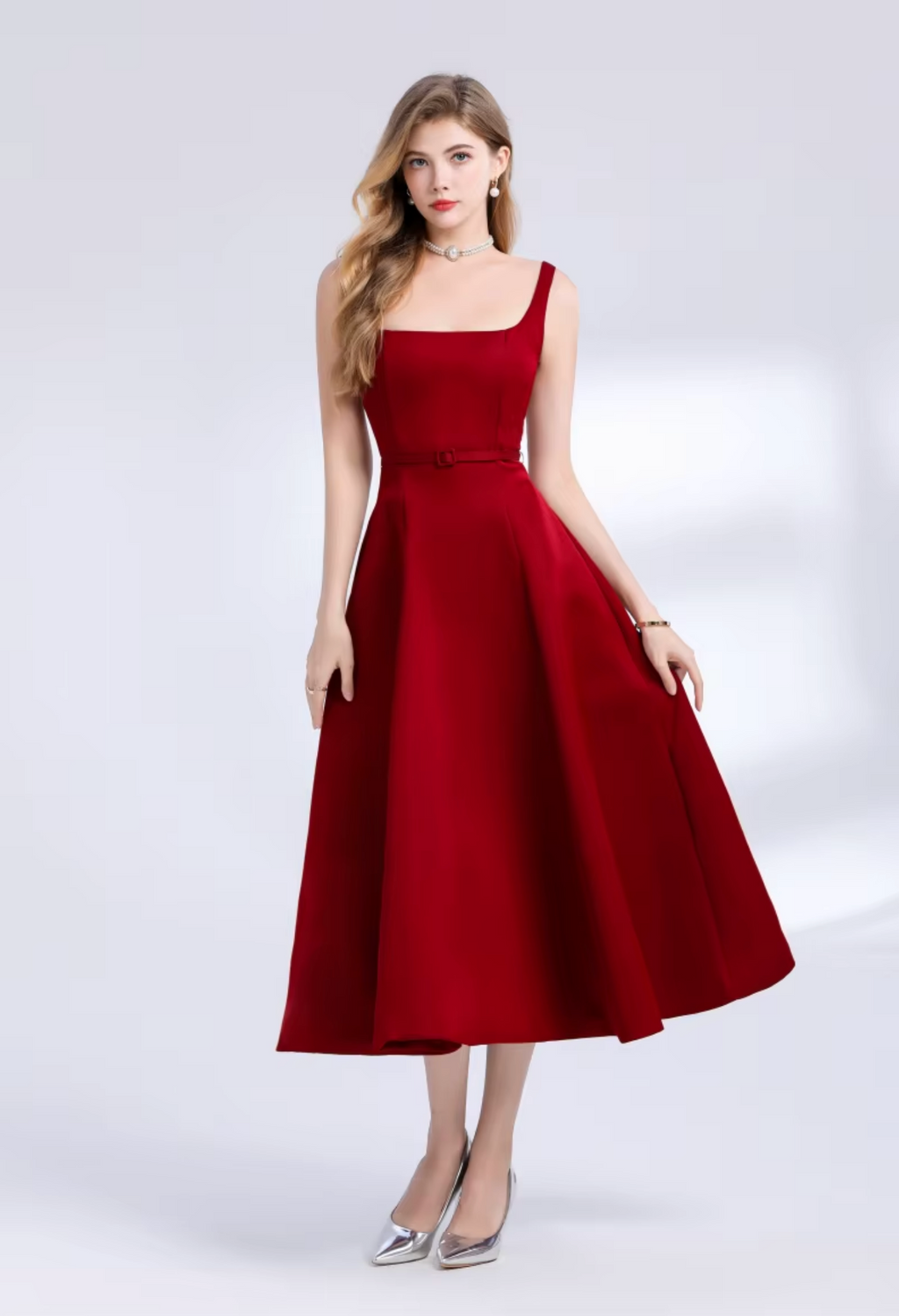 Elegant Red Matte Satin A-Line Midi Dress with Belt