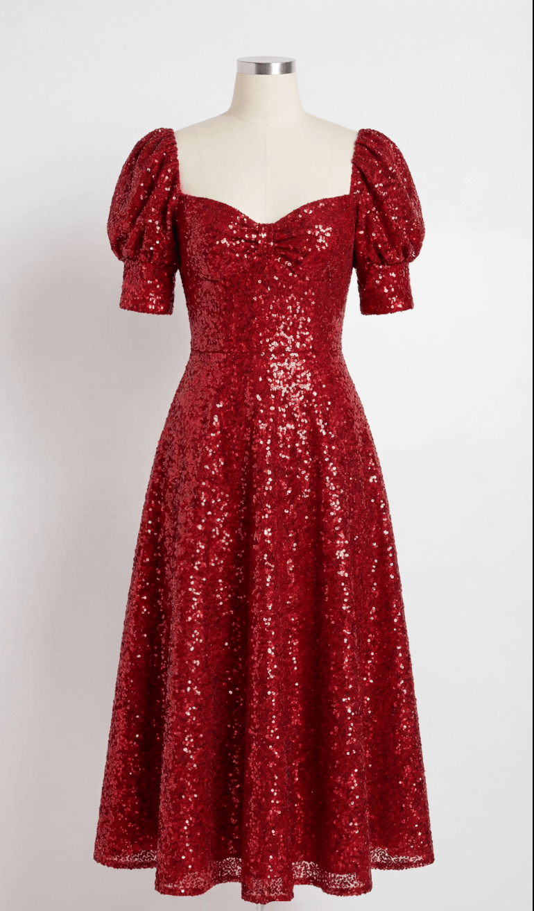 Sequin Milkmaid Dress with Sweetheart Neckline & Puffed Sleeves - Red
