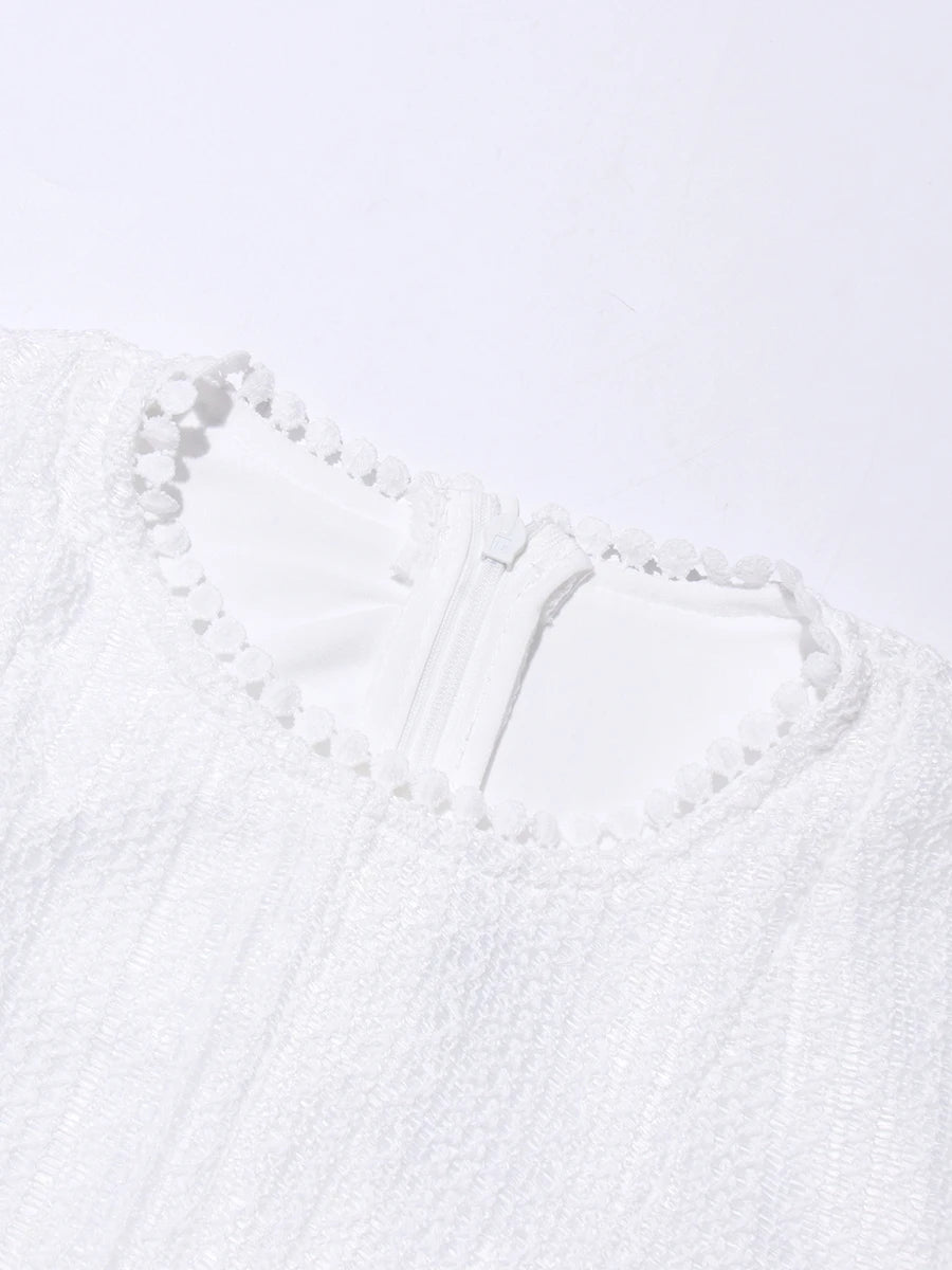 Round Neck Long Sleeve Mini Dress with Lace Trim & Full Skirt - White