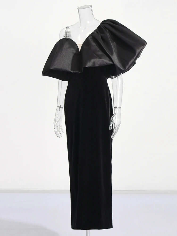One-Shoulder Black Velvet & Satin Formal Evening Ankle Length Midaxi Gown