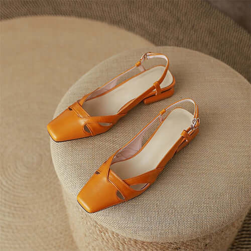 Square Toe Leather Sling Backs Flat Pumps - Orange