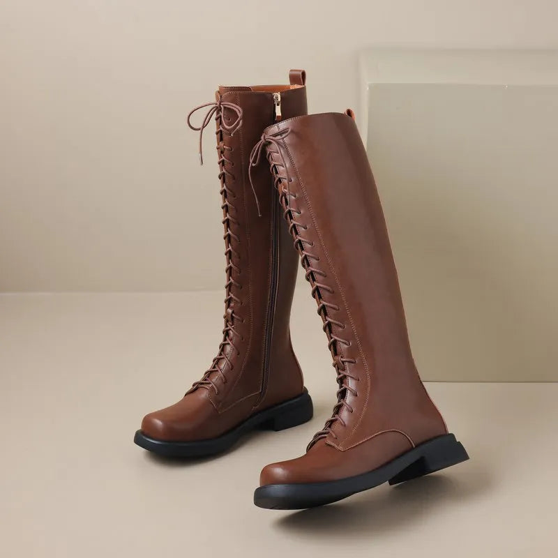 Square Toebox Knee High Riding Leather Lace Up Boots - Brown with Black Sole