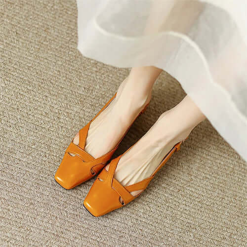 Square Toe Leather Sling Backs Flat Pumps - Orange