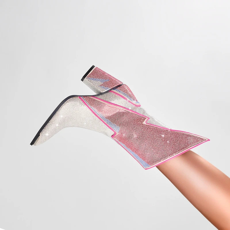 Lightning Bolt Crystal Ankle Boots in Pink & Silver | Glam Rock Statement Heels