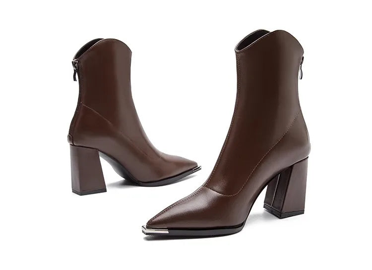 Pointed Toe Medium Block Heel Ankle Boots with Back Zipper
