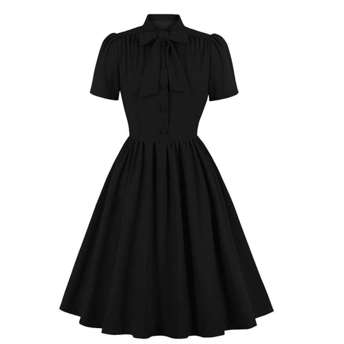 black Bow Tie Neck Button Up Pleated Voyage Dress