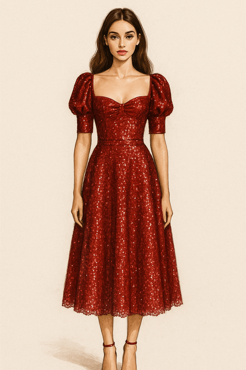 Sequin Milkmaid Dress with Sweetheart Neckline & Puffed Sleeves - Red