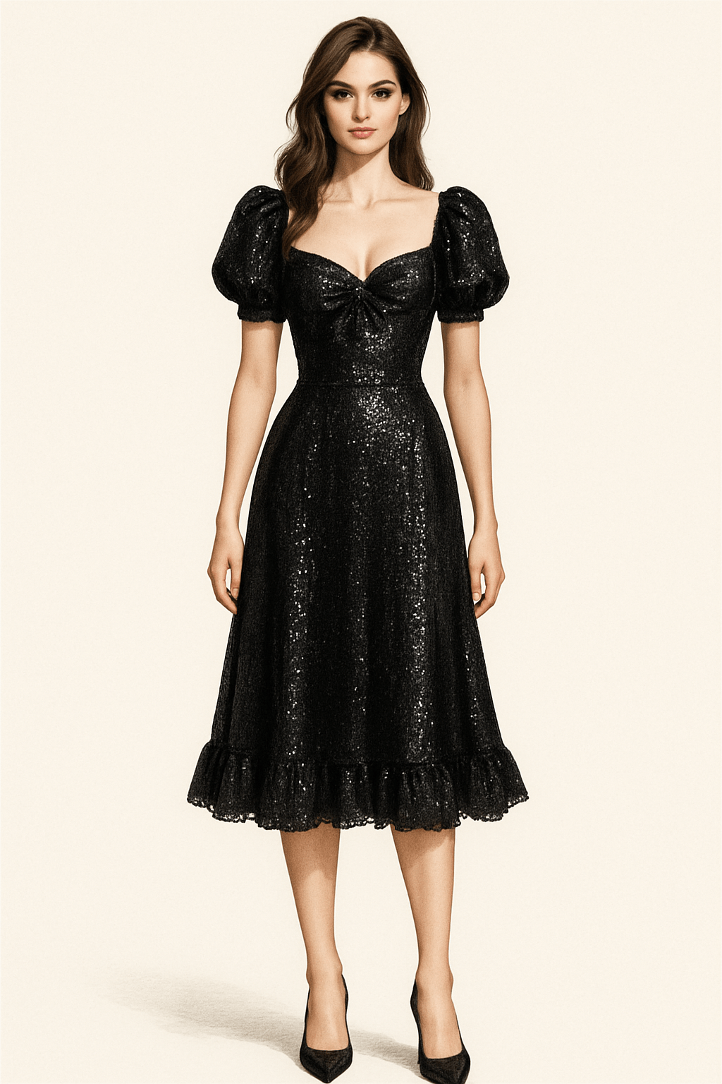 Sequin Milkmaid Dress with Sweetheart Neckline & Puffed Sleeves - Black