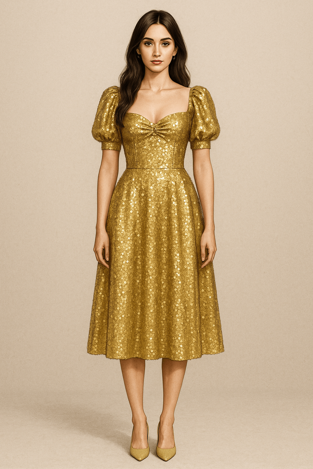 Sequin Milkmaid Dress with Sweetheart Neckline & Puffed Sleeves - Gold