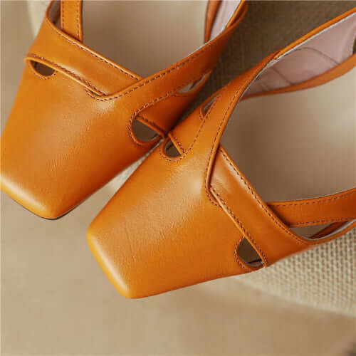 Square Toe Leather Sling Backs Flat Pumps - Orange