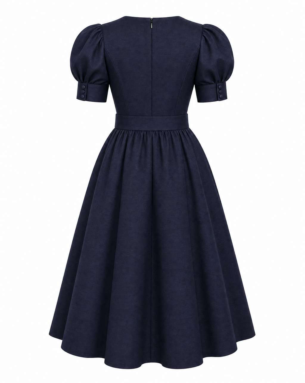Navy Silk Wrap Midi Dress with Puff Sleeves & Detachable Belt