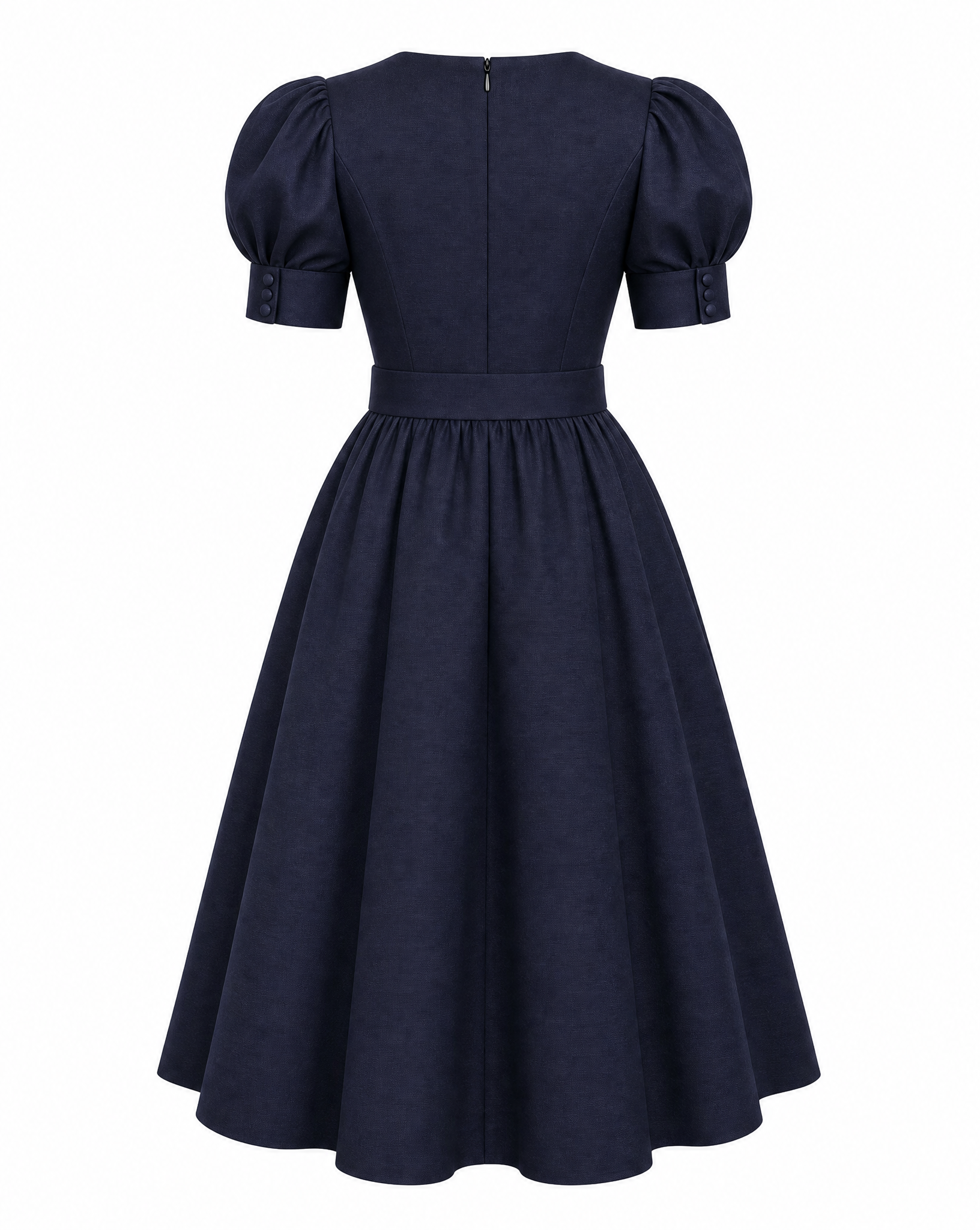 Navy Silk Wrap Midi Dress with Puff Sleeves & Detachable Belt