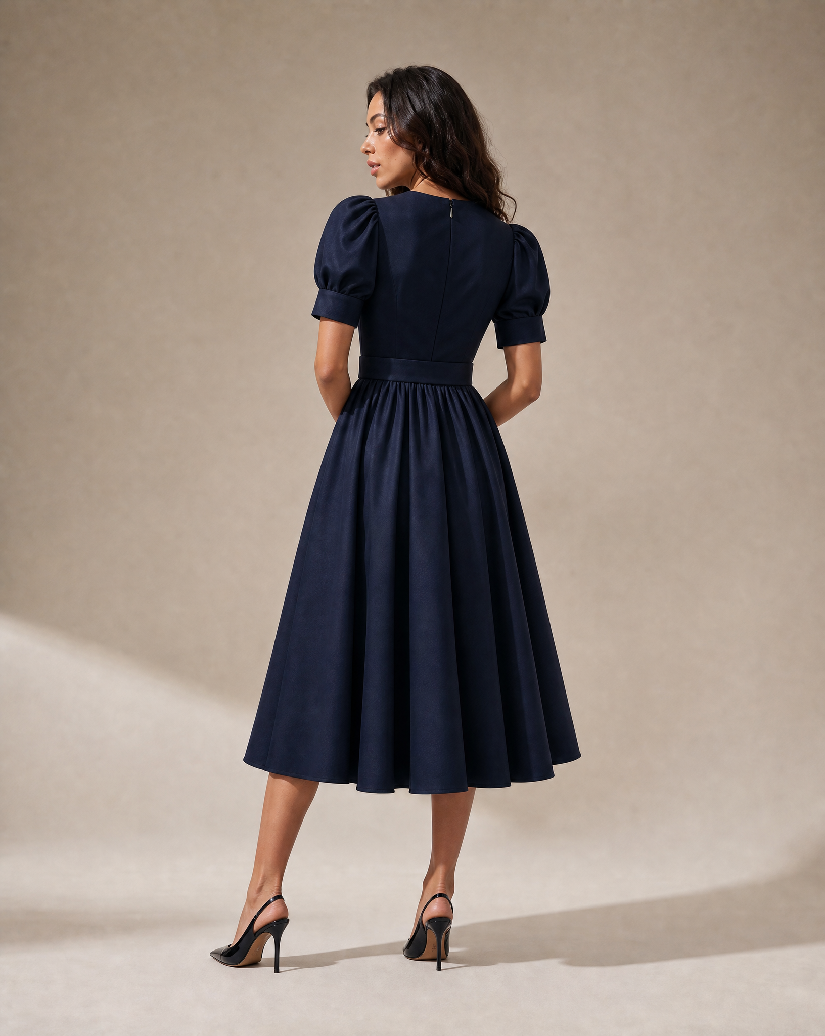 Navy Silk Wrap Midi Dress with Puff Sleeves & Detachable Belt