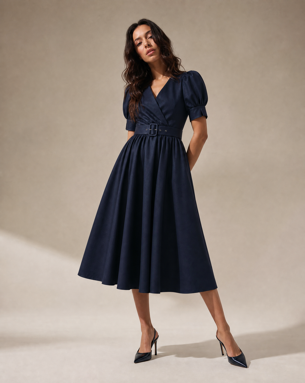 Navy Silk Wrap Midi Dress with Puff Sleeves & Detachable Belt
