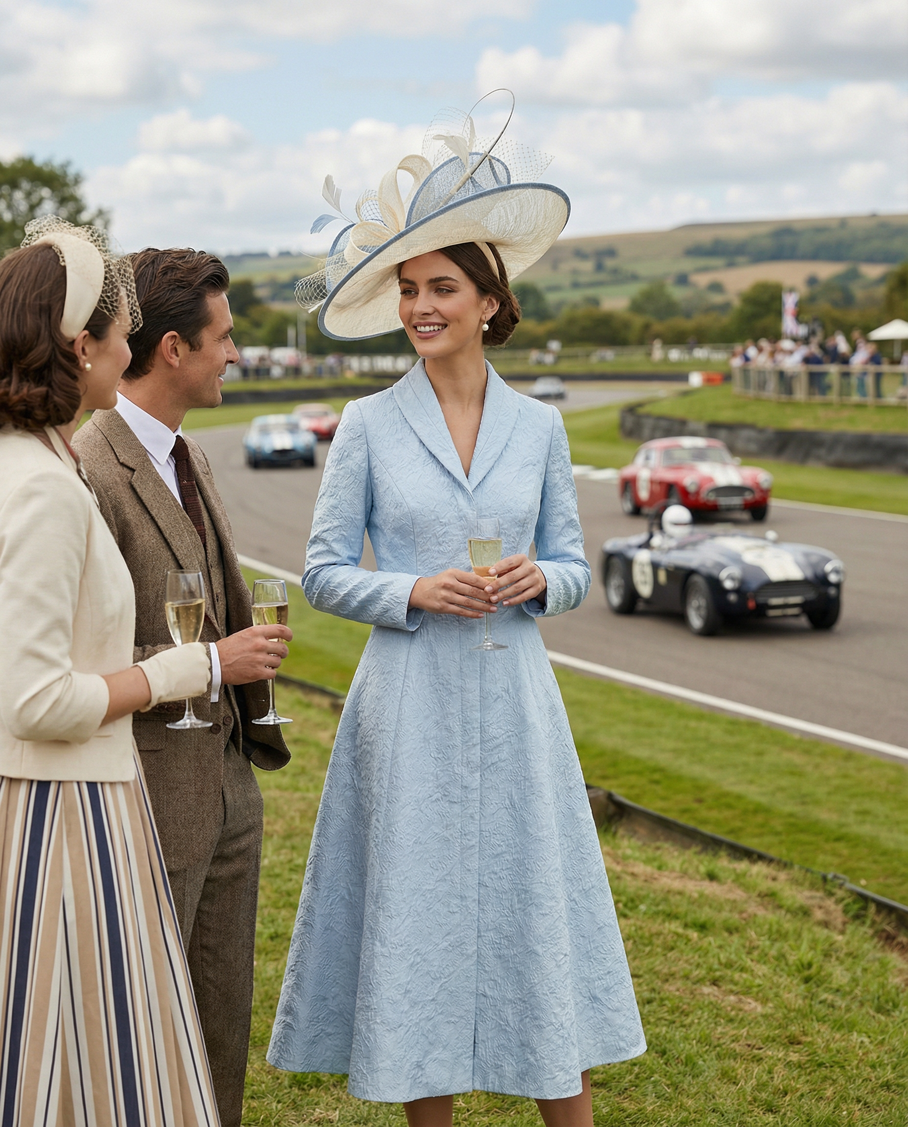 Sky Blue Structured Coat Dress with Bias-Cut Shawl Collar
