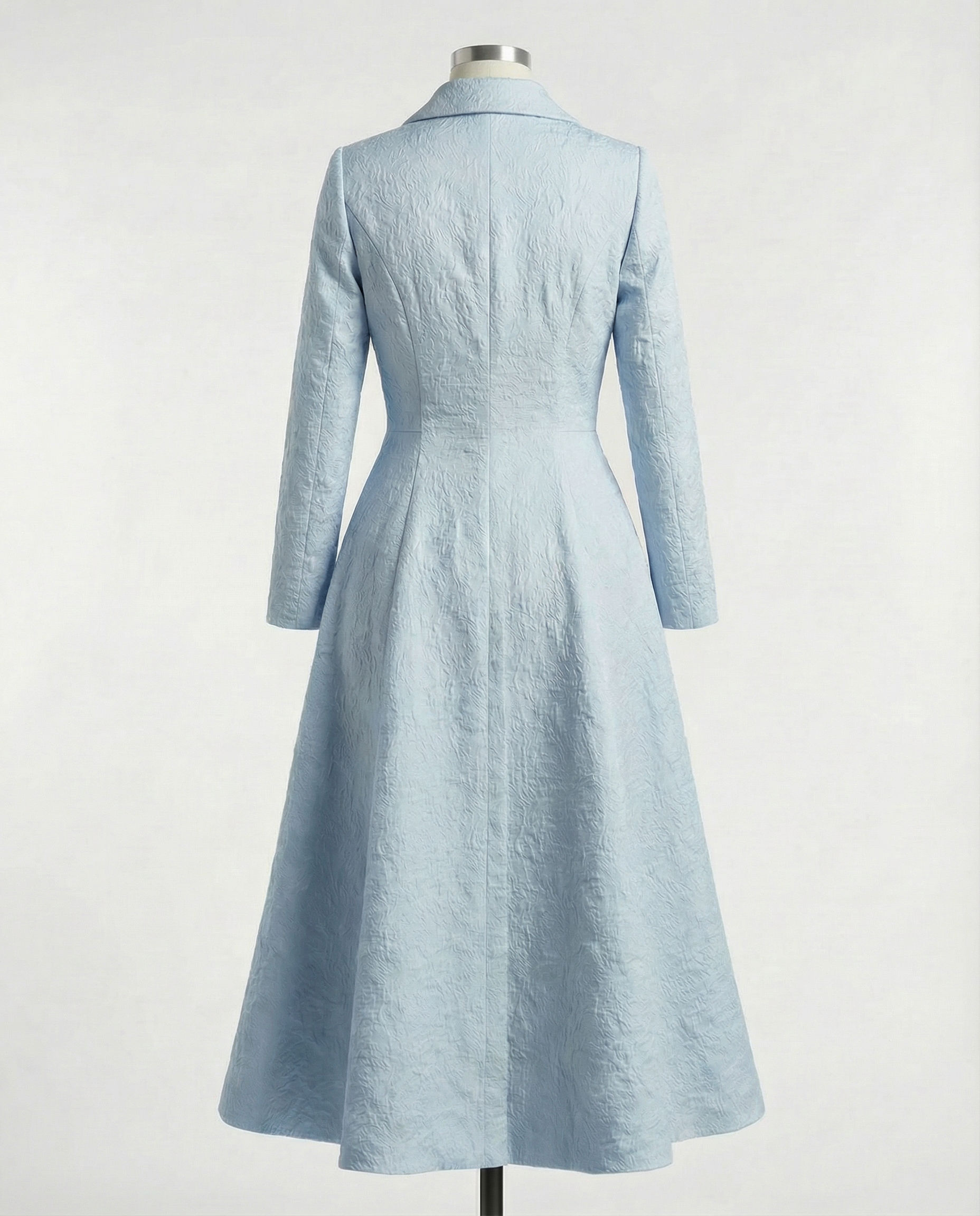 Sky Blue Structured Coat Dress with Bias-Cut Shawl Collar