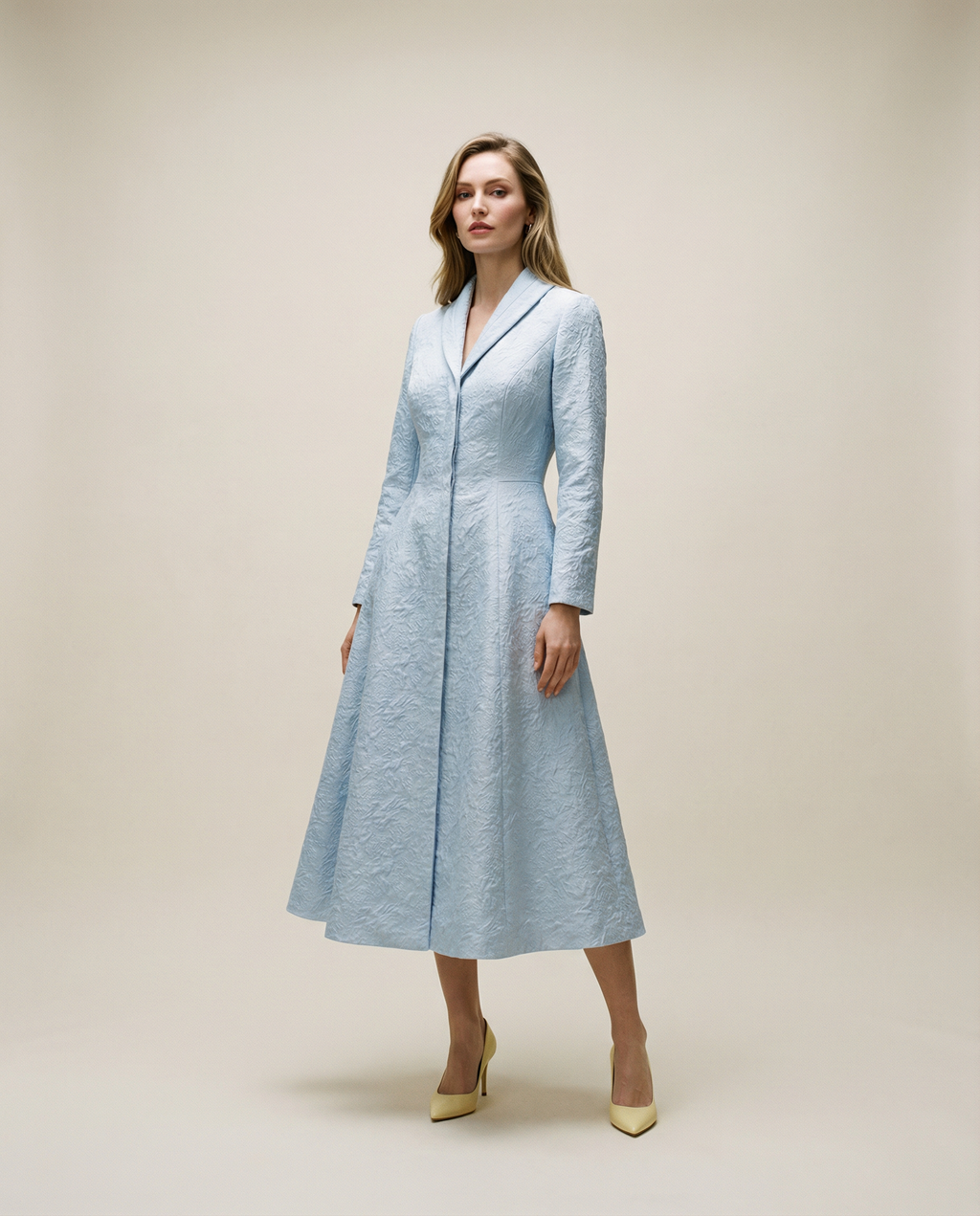Sky Blue Structured Coat Dress with Bias-Cut Shawl Collar