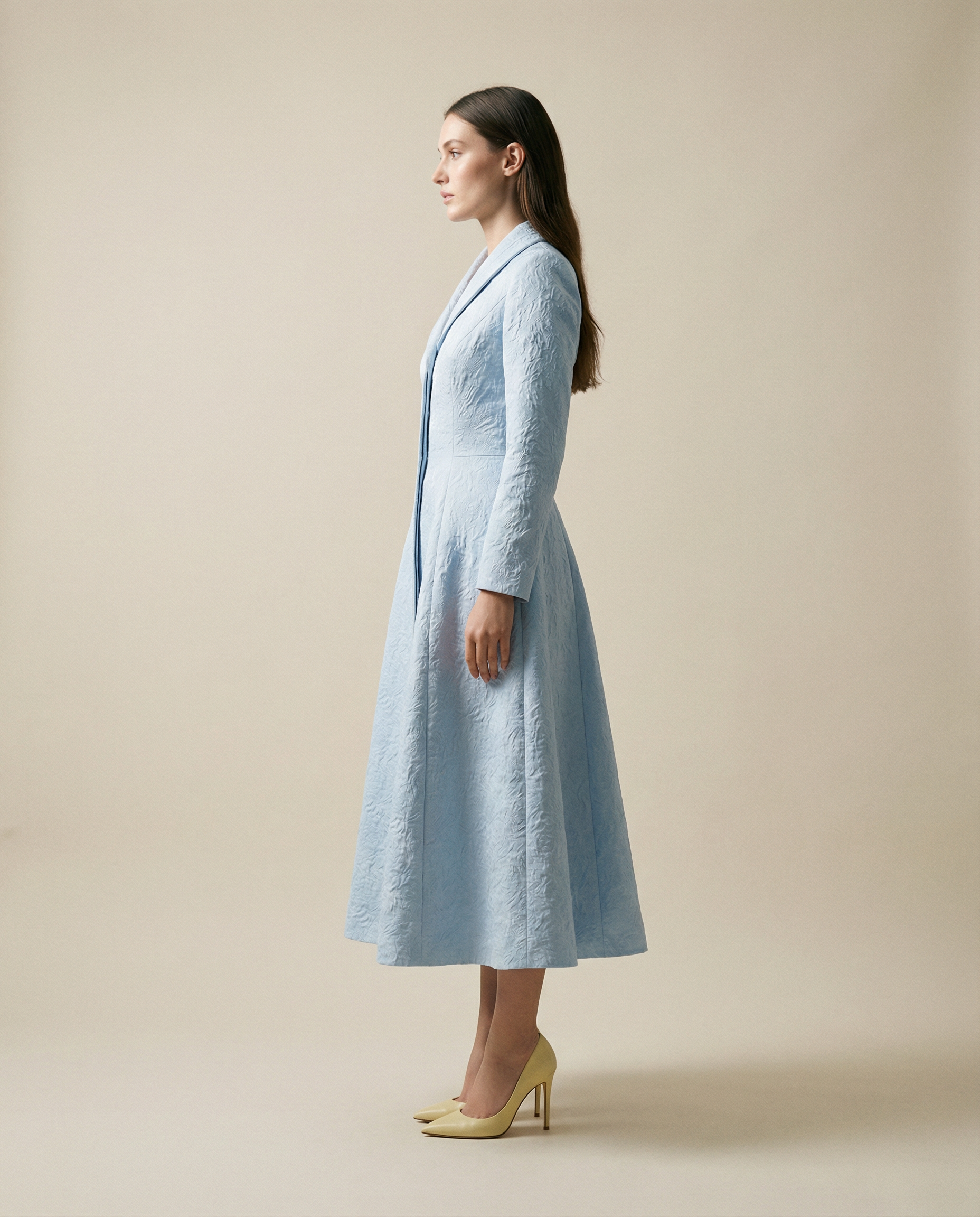Sky Blue Structured Coat Dress with Bias-Cut Shawl Collar
