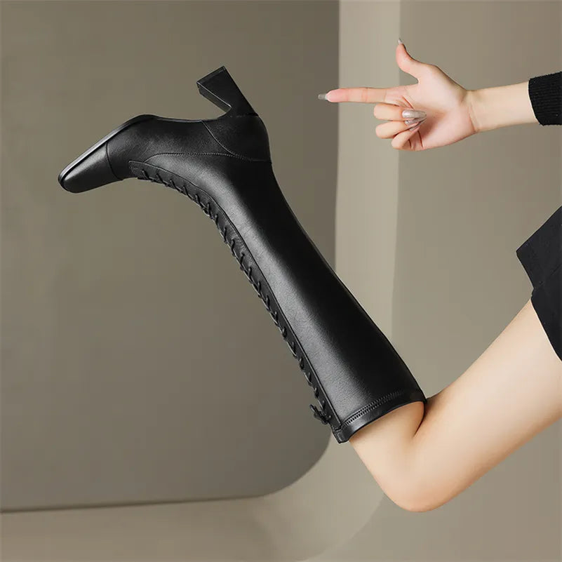 Square Toe Block Heel Knee High Leather Laceup Boots - Black
