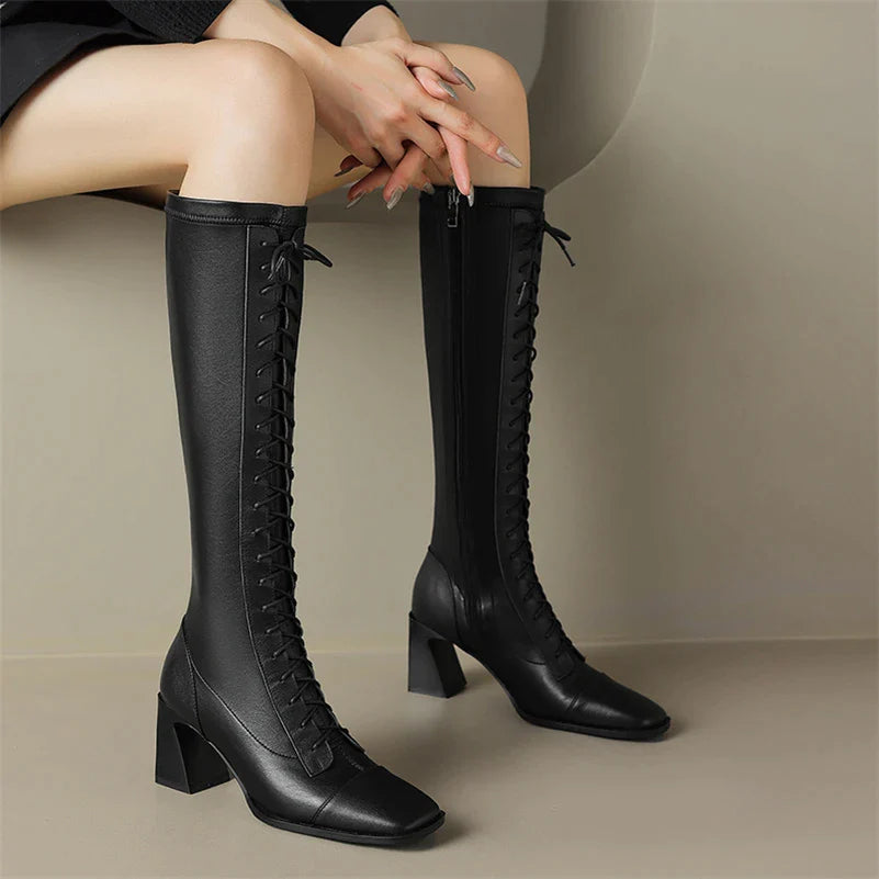 Square Toe Block Heel Knee High Leather Laceup Boots - Black