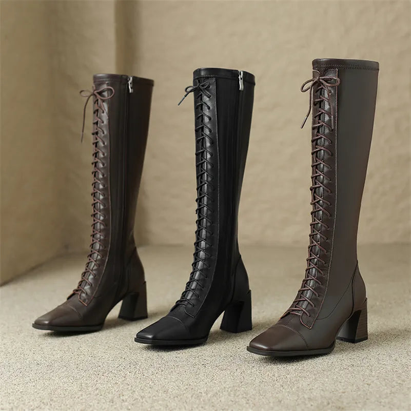 Square Toe Block Heel Knee High Leather Laceup Boots - Black