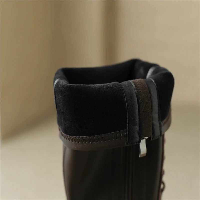 Square Toe Block Heel Knee High Leather Laceup Boots - Black