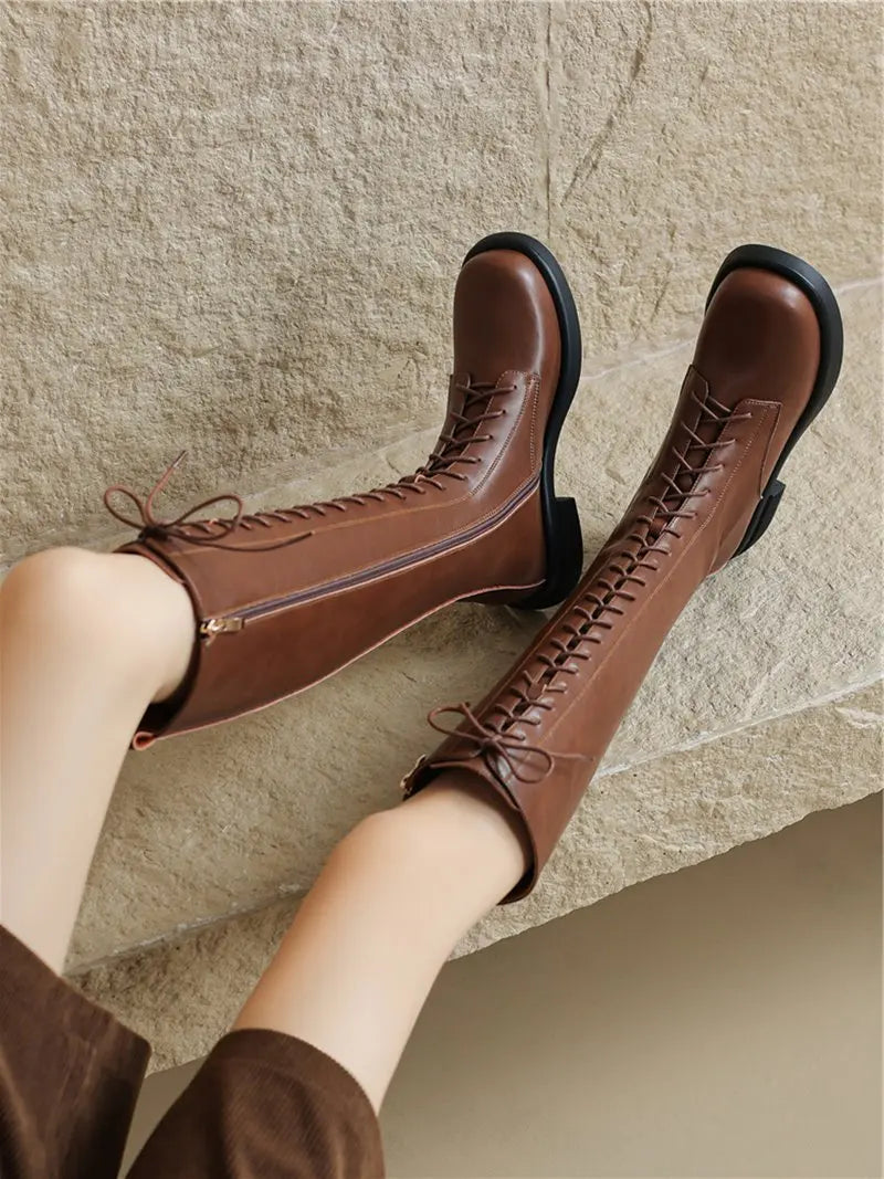 Square Toebox Knee High Riding Leather Lace Up Boots - Brown with Black Sole