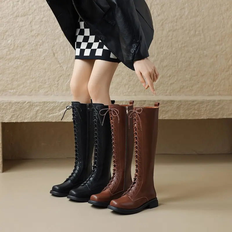 Square Toebox Knee High Riding Leather Lace Up Boots - Brown with Black Sole