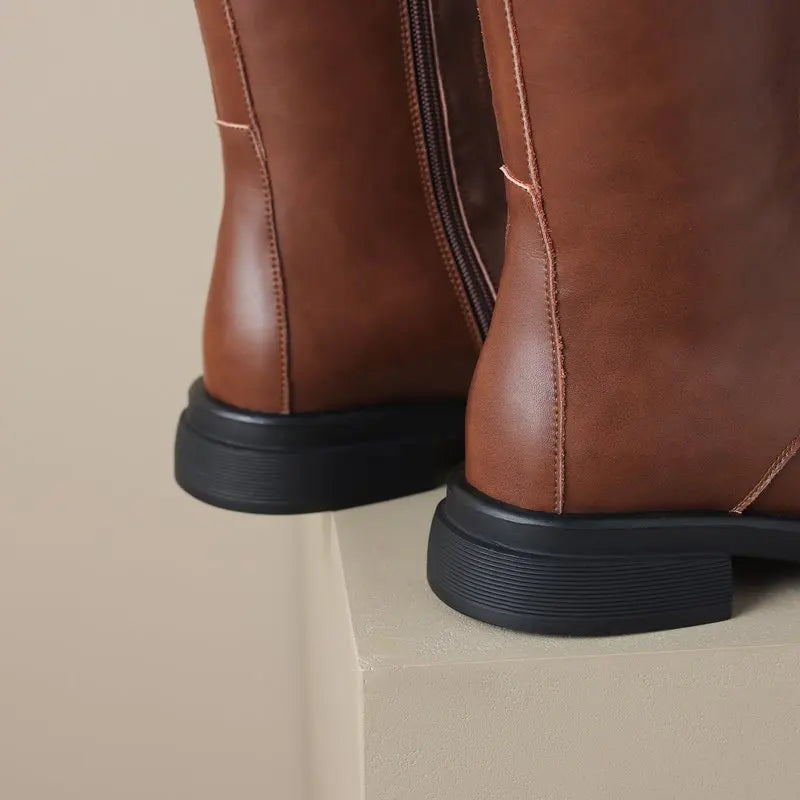 Square Toebox Knee High Riding Leather Lace Up Boots - Brown with Black Sole