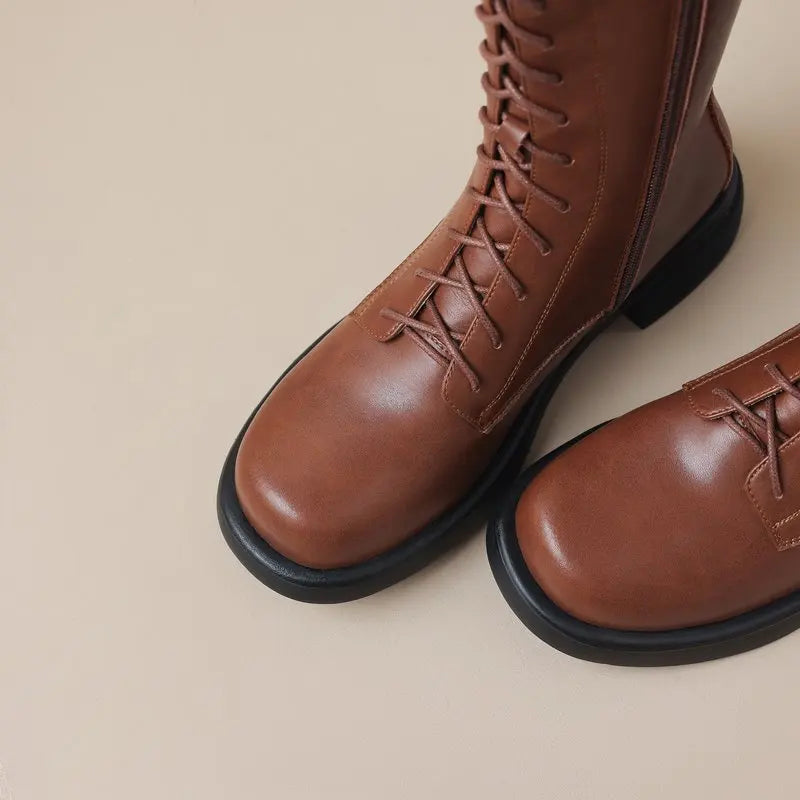 Square Toebox Knee High Riding Leather Lace Up Boots - Brown with Black Sole