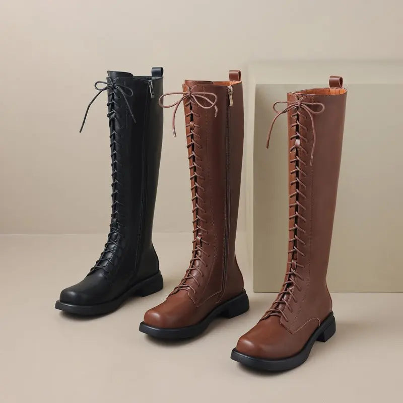 Square Toebox Knee High Riding Leather Lace Up Boots - Brown with Black Sole
