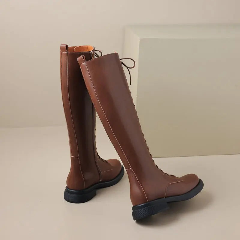 Square Toebox Knee High Riding Leather Lace Up Boots - Brown with Black Sole
