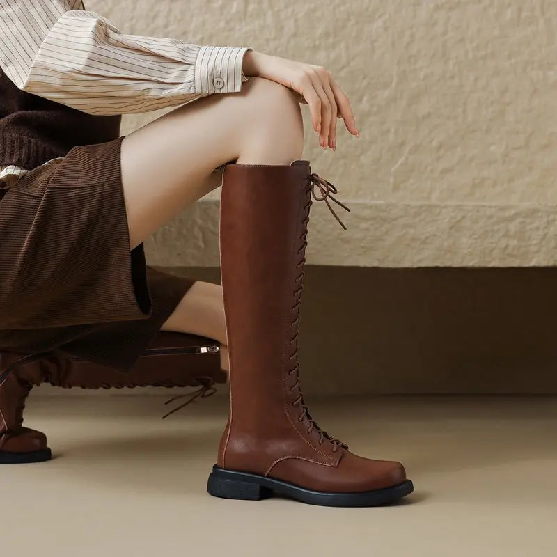 Square Toebox Knee High Riding Leather Lace Up Boots - Brown with Black Sole