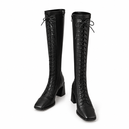 Square Toe Block Heel Knee High Leather Laceup Boots - Black