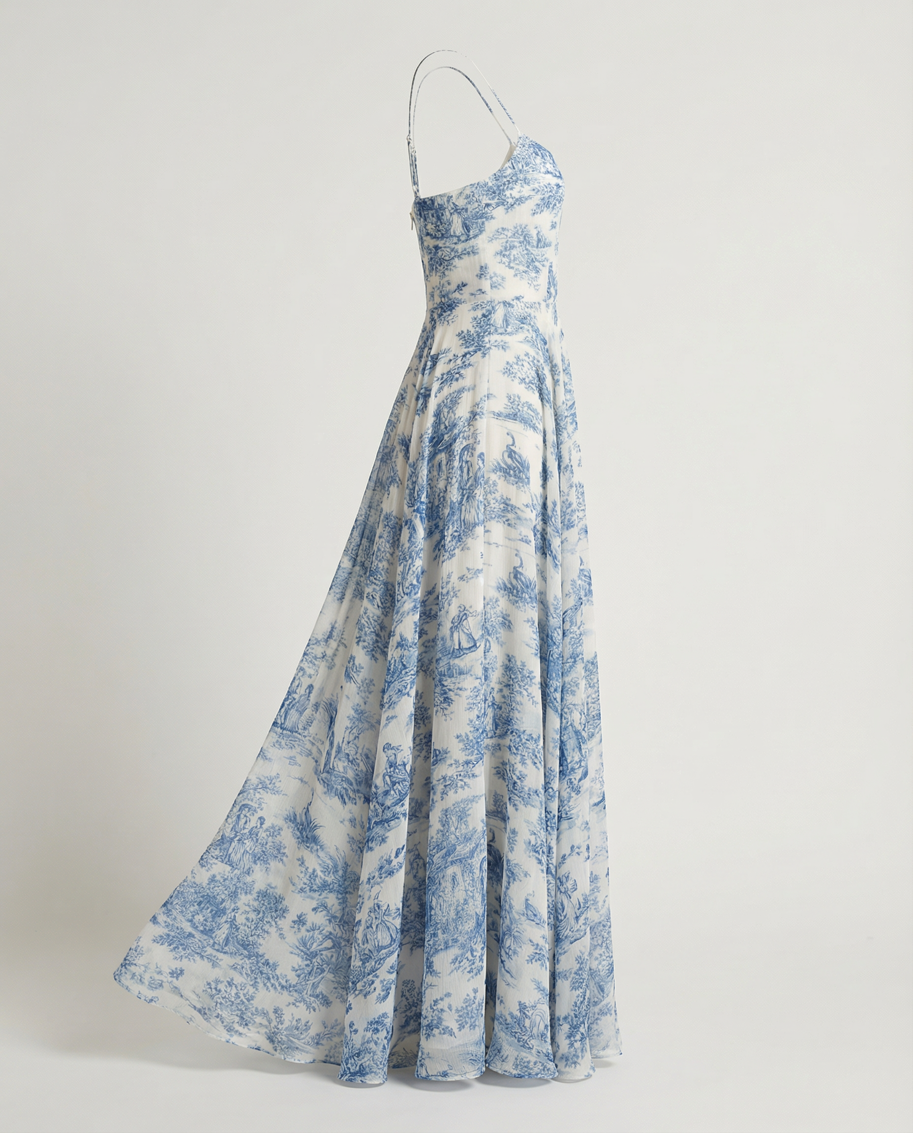 Toile de Jouy Spaghetti-Strap Midaxi Dress in Ivory and Blue Chiffon
